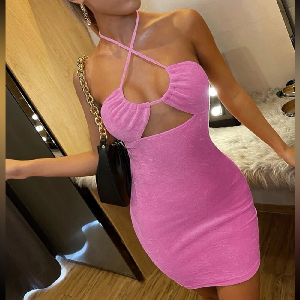 NWOT SHEIN Halter Top Terry Cloth Dress in Pink size Small